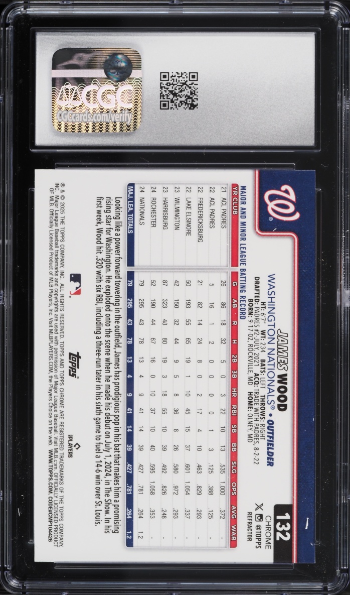 2025 Topps Chrome Refractor James Wood ROOKIE #132 CGC 10 GEM MINT