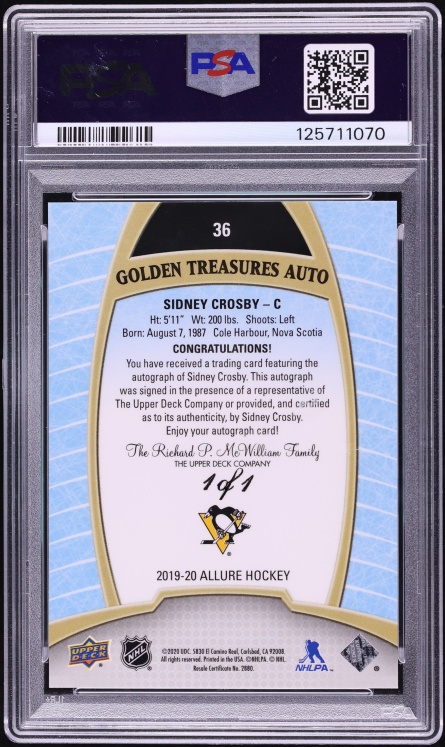 2019 Upper Deck Allure Golden Treasure Sidney Crosby AUTO 1/1 #36 PSA 9 MINT