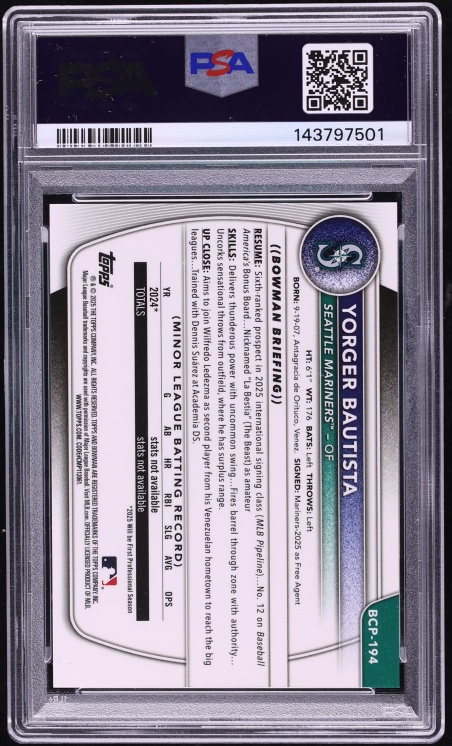 2025 Bowman Chrome Red Shimmer Yorger Bautista PROSPECT 5/5 #BCP-194 PSA 10 GEM MINT