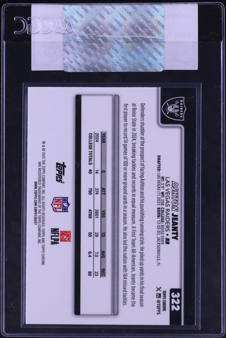 2025 Topps Chrome Ashton Jeanty ROOKIE #322 CGC AUTH