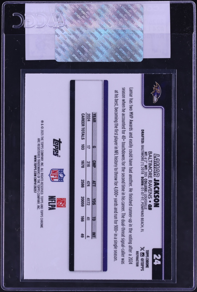 2025 Topps Chrome Refractor Lamar Jackson #24 CGC AUTH