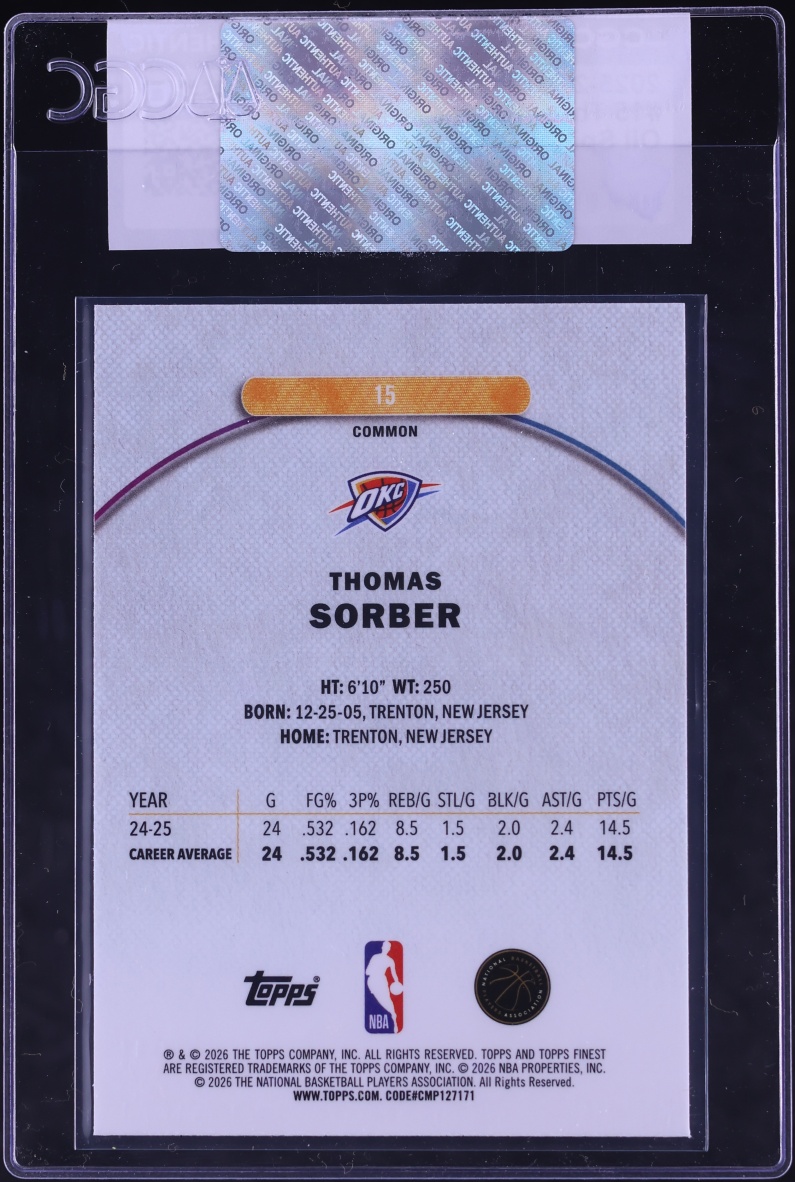 2025 Finest Oil Spill Refractor Thomas Sorber ROOKIE #15 CGC AUTH