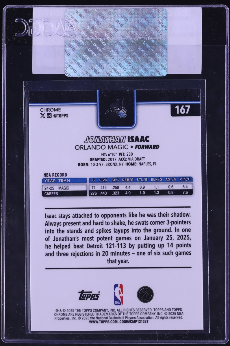 2025 Topps Chrome Sapphire Jonathan Isaac #167 CGC AUTH