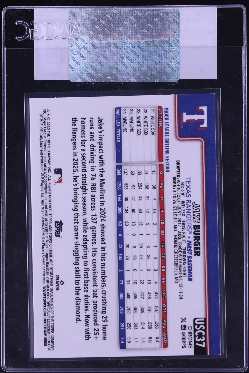2025 Topps Chrome Update Aqua Wave Refractor Jake Burger /199 #USC37 CGC AUTH