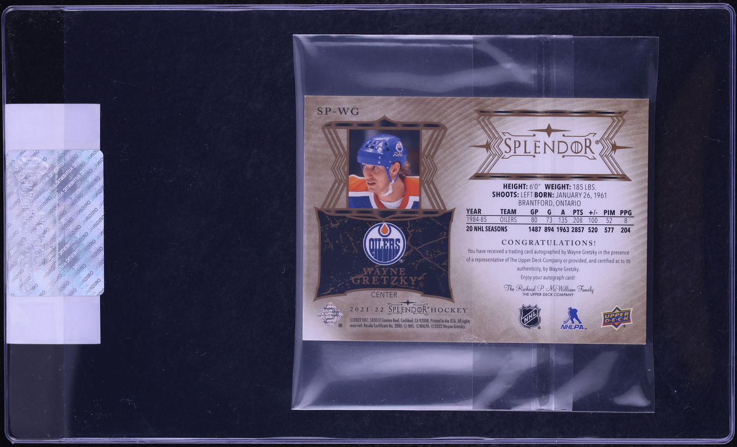 2022 Upper Deck The Cup Spendor Update Sigantures Wayne Gretzky PATCH AUTO /36  #SP-WG CGC AUTH