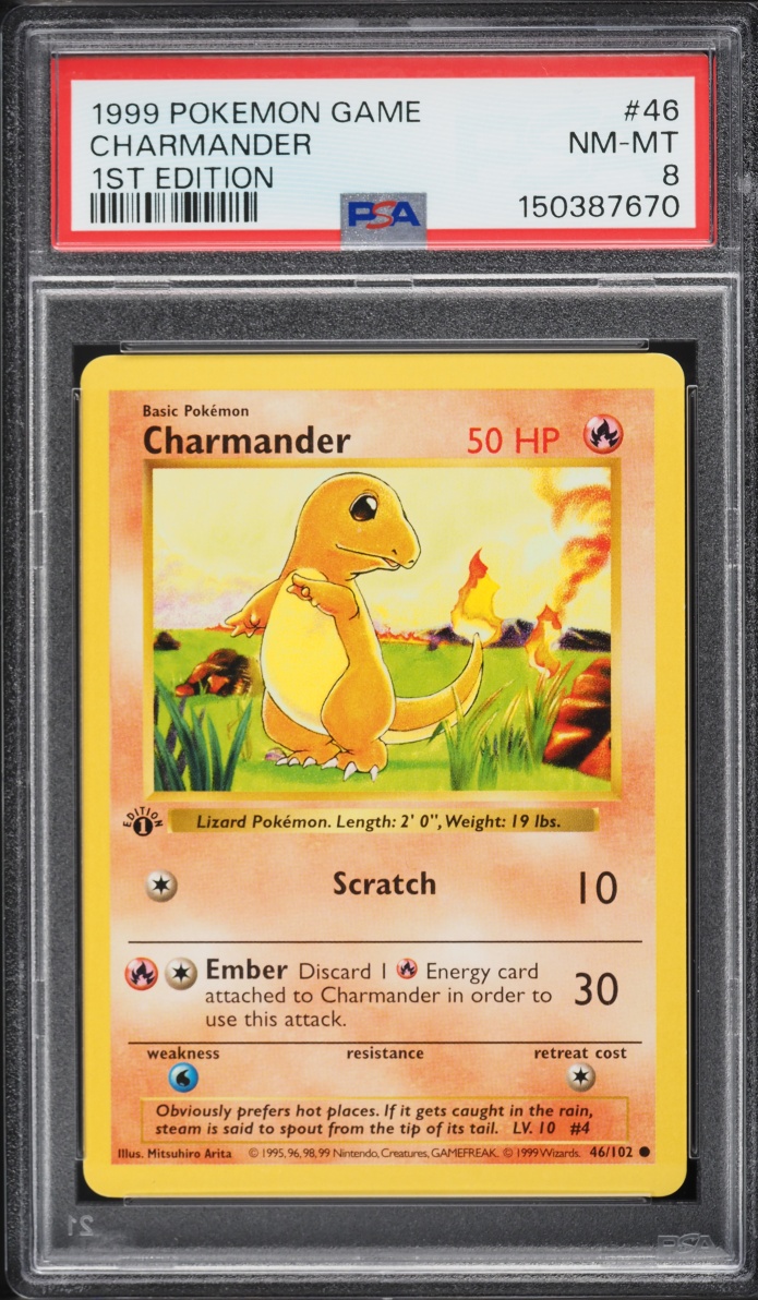 1999 Pokemon Base Set Shadowless 1st Edition Charmander #46 PSA 8 NM-MT