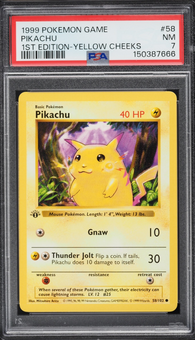 1999 Pokemon Base Set Shadowless 1st Edition Yellow Cheeks Pikachu #58 PSA 7 NRMT