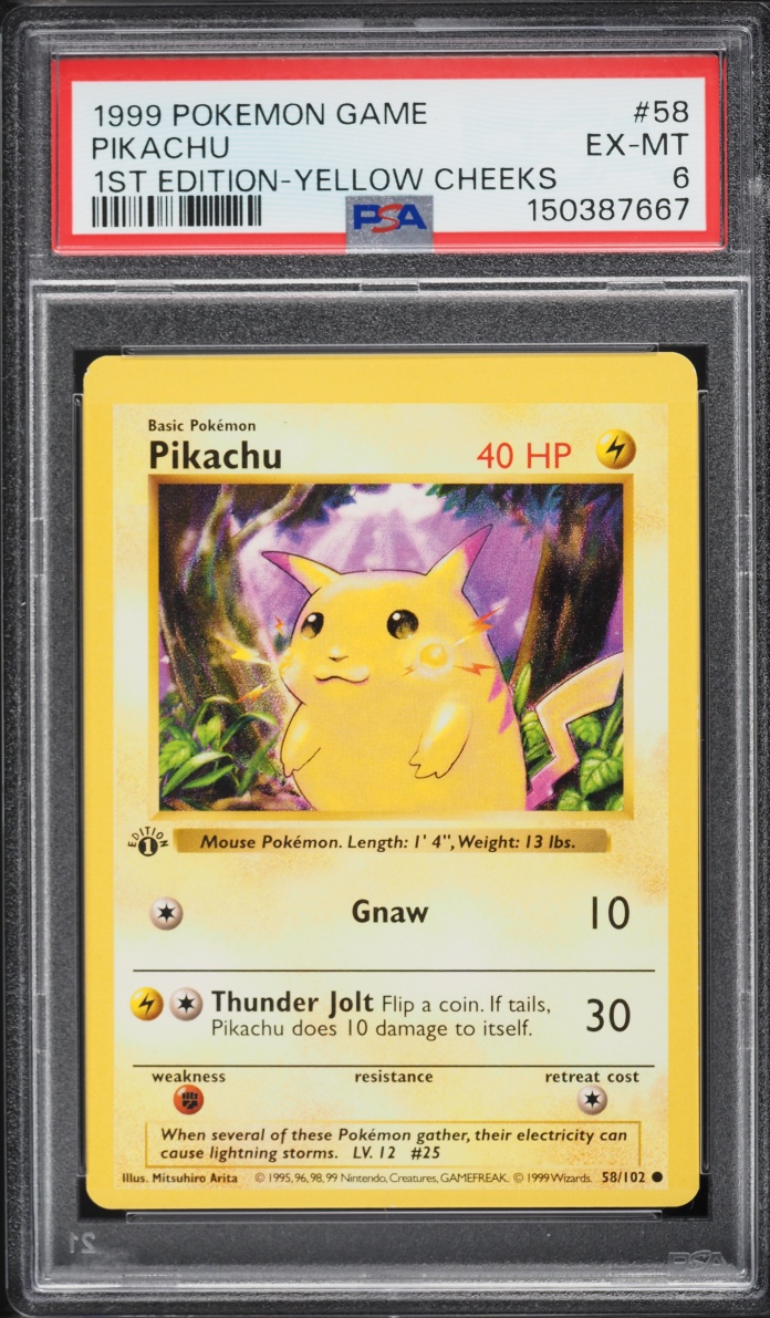 1999 Pokemon Base Set Shadowless 1st Edition Yellow Cheeks Pikachu #58 PSA 6 EXMT