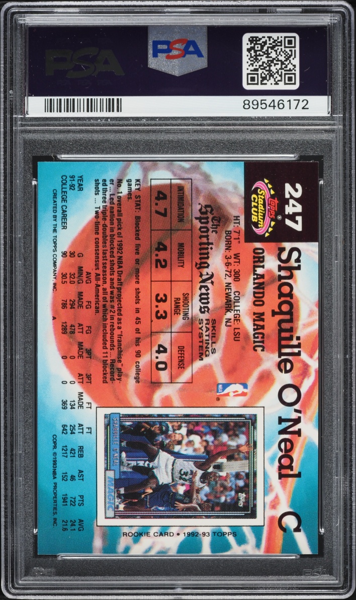 1992 Stadium Club Basketball Shaquille O'Neal ROOKIE #247 PSA 10 GEM MINT