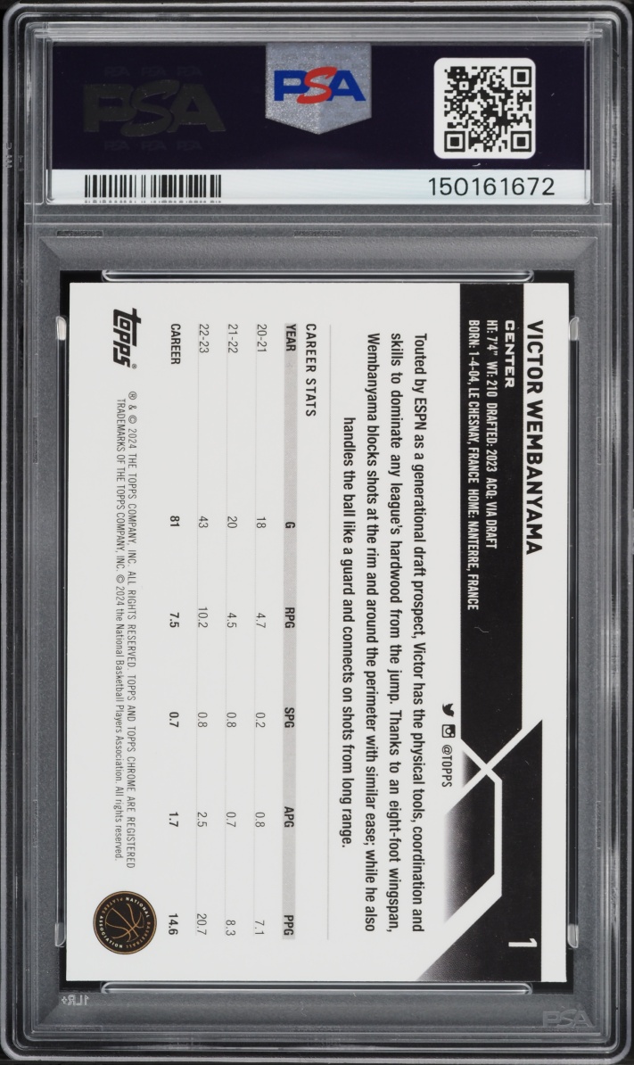 2023 Topps Chrome Prism Refractor Victor Wembanyama ROOKIE #1 PSA 9 MINT