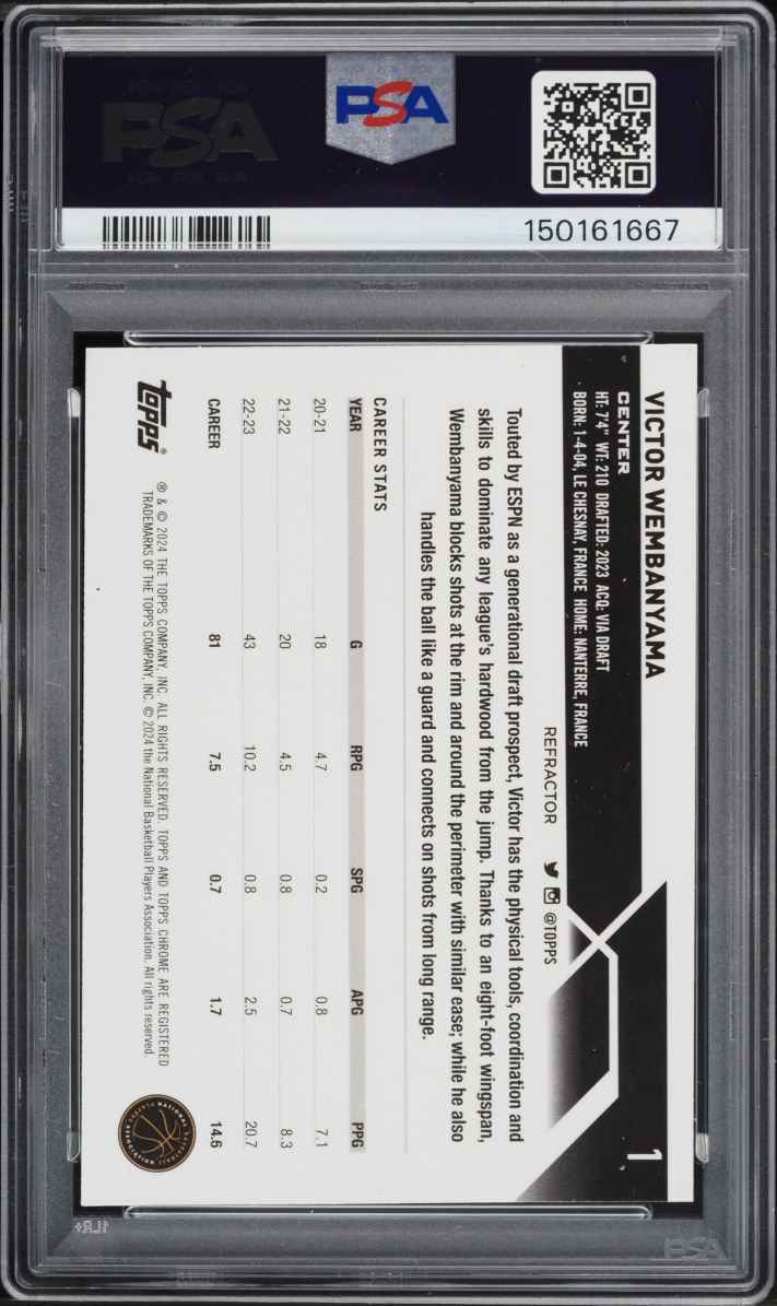 2023 Topps Chrome Refractor Victor Wembanyama ROOKIE #1 PSA 9 MINT