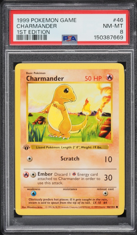 1999 Pokemon Base Set Shadowless 1st Edition Charmander #46 PSA 8 NM-MT