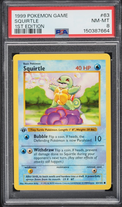 1999 Pokemon Base Set Shadowless 1st Edition Squirtle #63 PSA 8 NM-MT