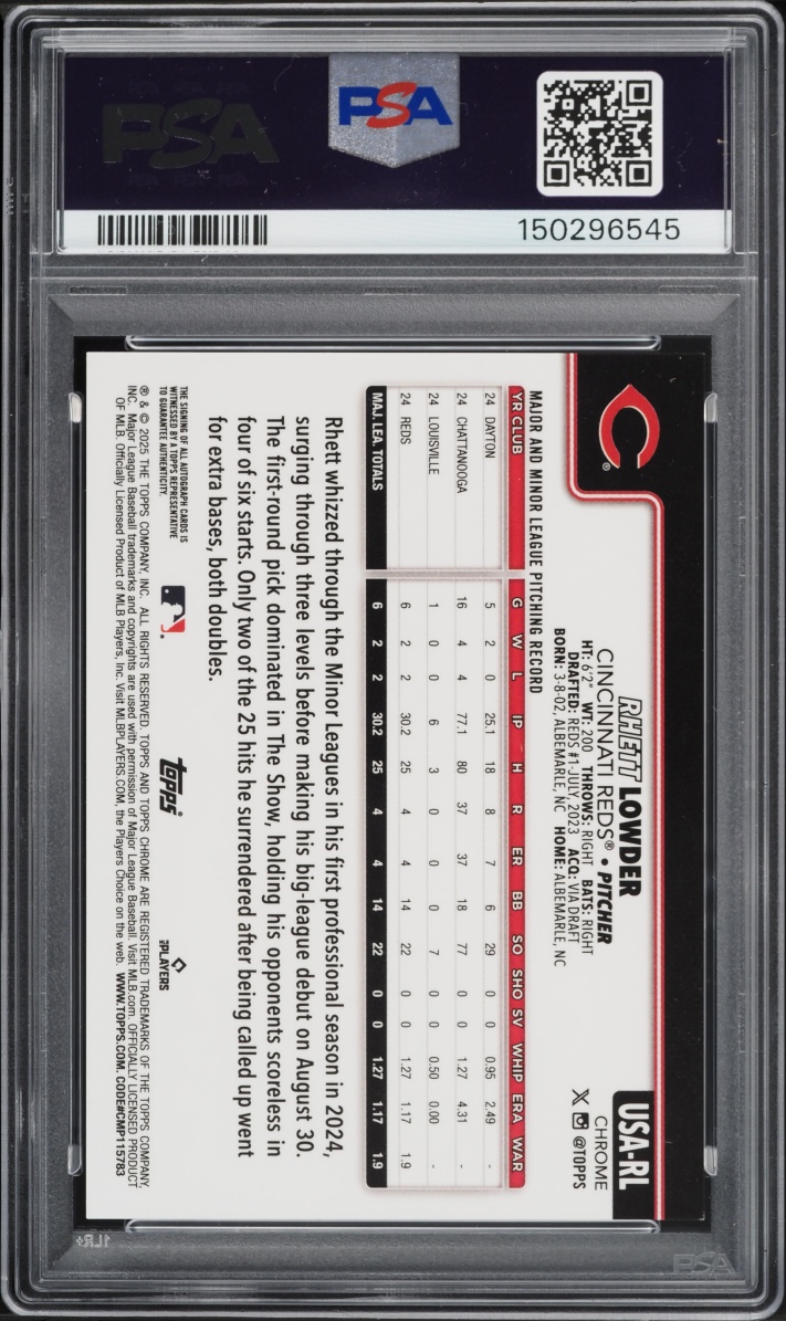 2025 Topps Chrome Sapphire Update Rhett Lowder ROOKIE AUTO /199 #USA-RL PSA 9 MINT