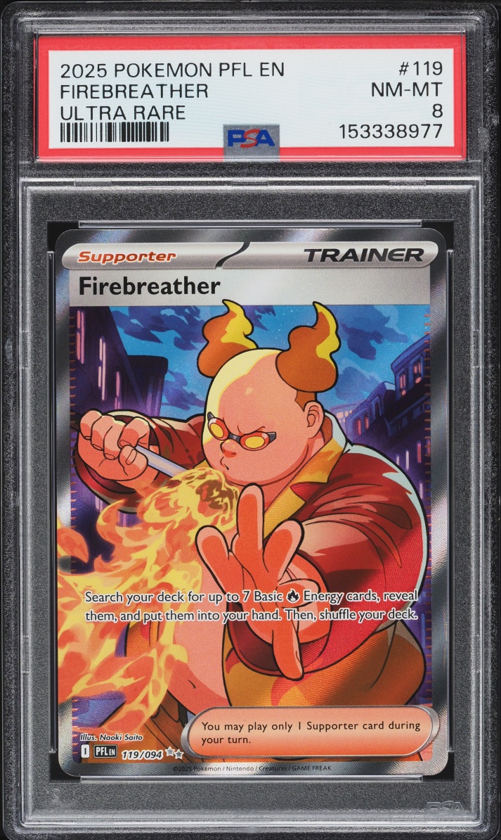 2025 Pokemon Mega Evolutions Phantasmal Flames Ultra Rare Firebreather #119 PSA 8 NM-MT