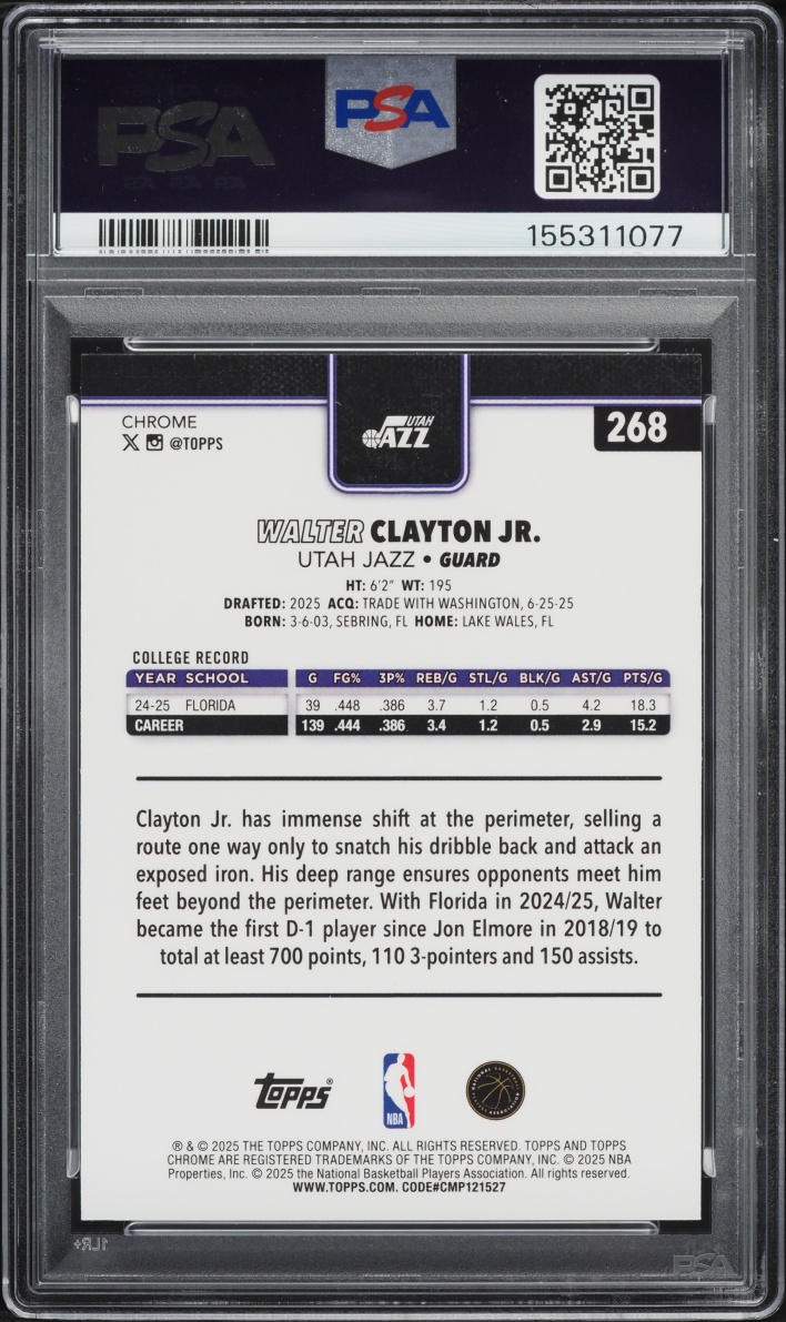 2025 Topps Chrome Sapphire Edition Walter Clayton Jr. ROOKIE #268 PSA 9 MINT