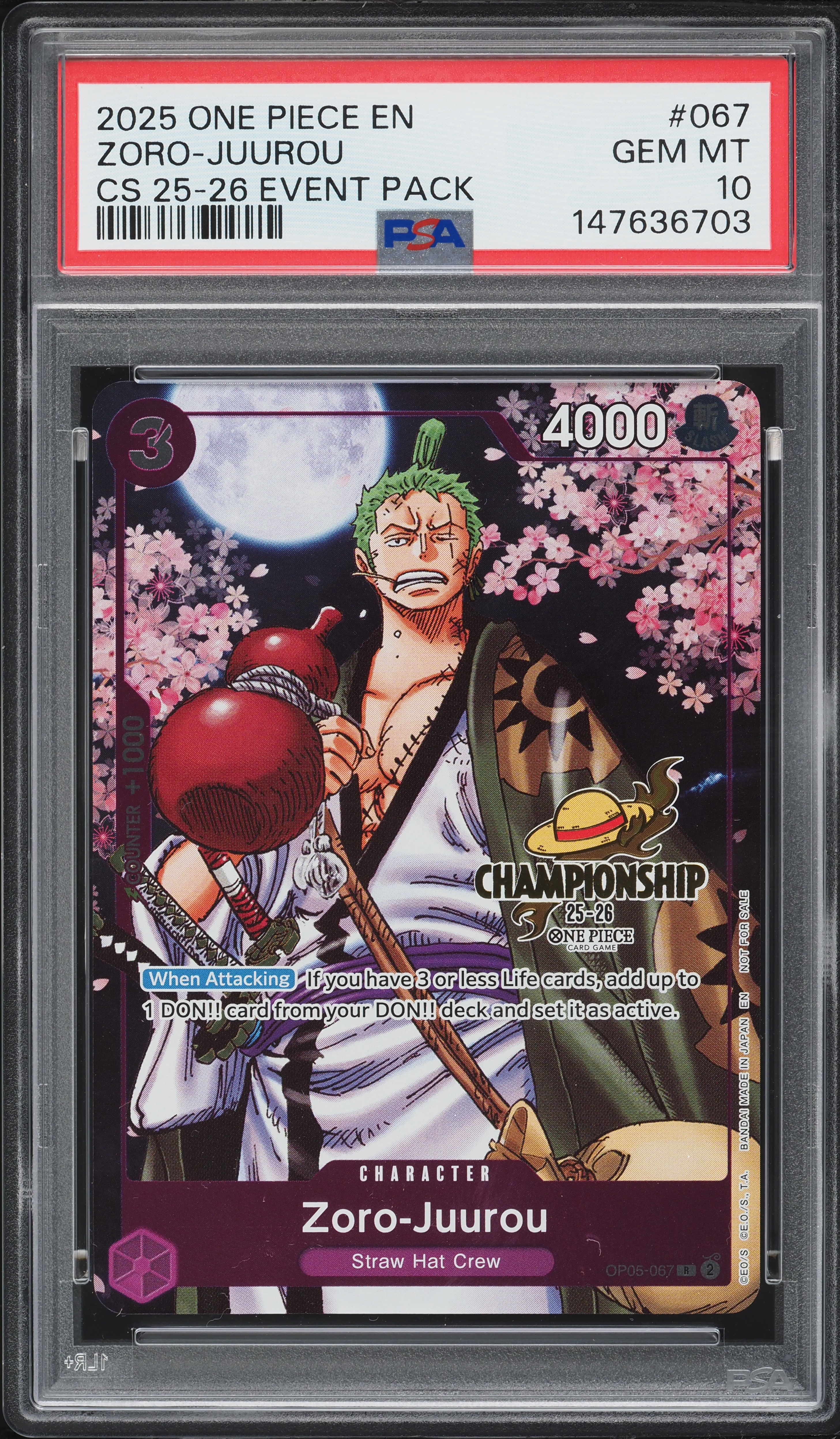 2025 One Piece Championship Event Pack Zoro-Juurou #OP05-067 PSA