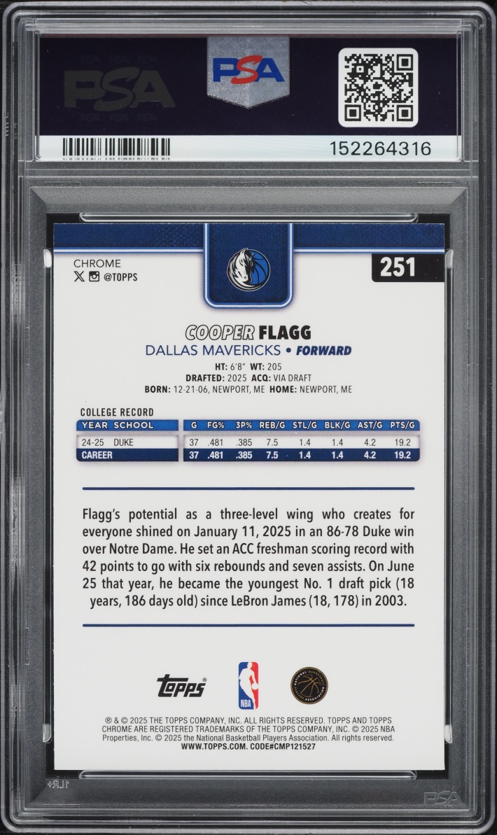 2025 Topps Chrome Cooper Flagg ROOKIE #251 PSA 10 GEM MINT