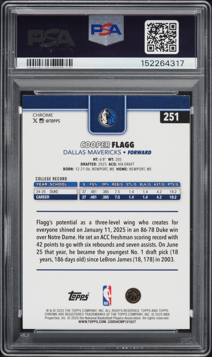 2025 Topps Chrome Cooper Flagg ROOKIE #251 PSA 8 NM-MT