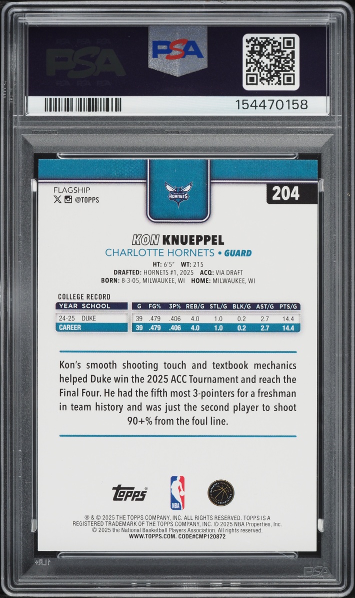 2025 Topps Basketball Kon Knueppel ROOKIE #204 PSA 10 GEM MINT
