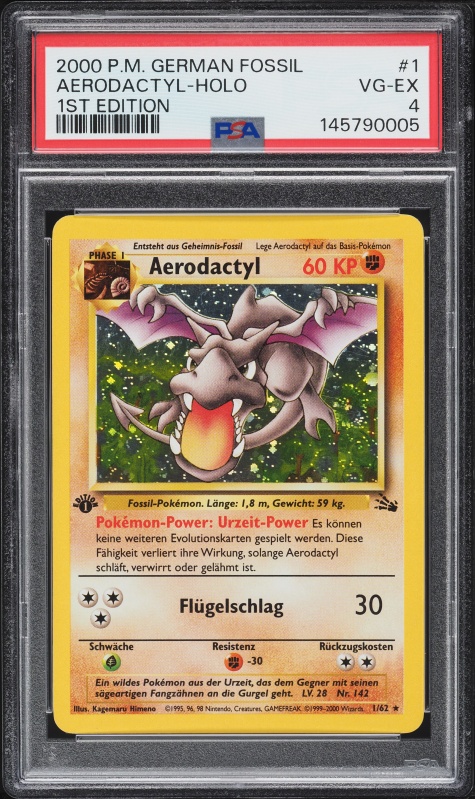 aerodactyl pokemon card 1999 Holo 1st Edition 1/62 PSA 9 Fossil Set English – Panfried Cards This power stops working while Aerodactyl is Asleep Aerodactyl HOLO Pokemon Card WOTC