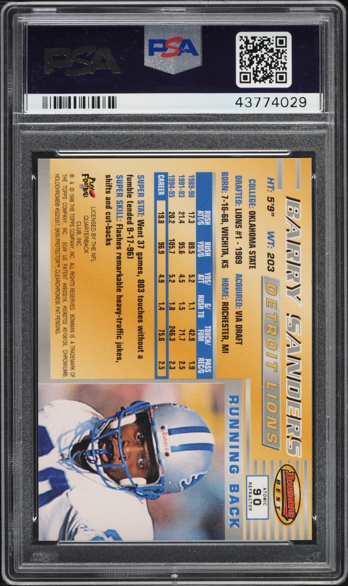1996 Bowman's Best Atomic Refractor Barry Sanders #90 PSA 9 MINT