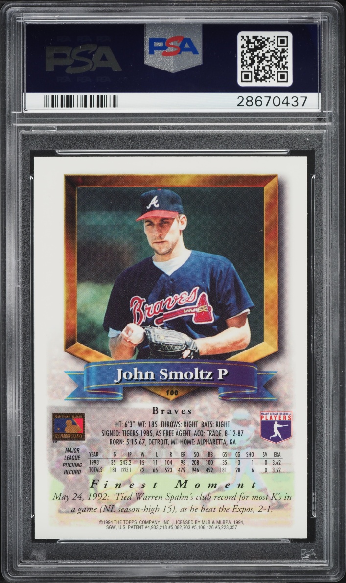 1994 Finest Refractor John Smoltz #100 PSA 9 MINT