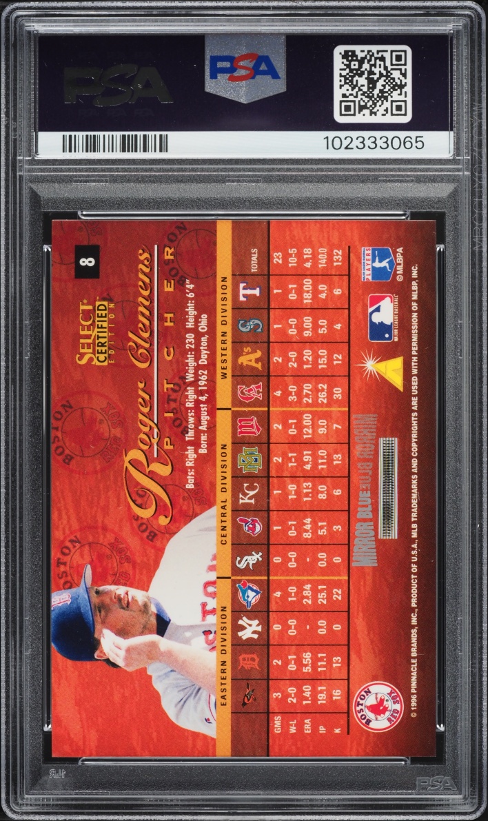 1996 Select Certified Mirror Blue Roger Clemens #8 PSA 8 NM-MT