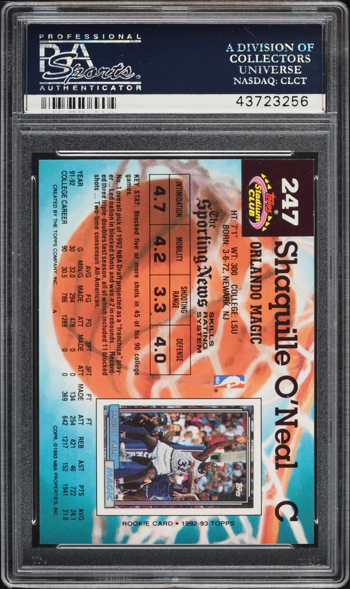 1992 Stadium Club Basketball Shaquille O'Neal ROOKIE #247 PSA 10 GEM MINT