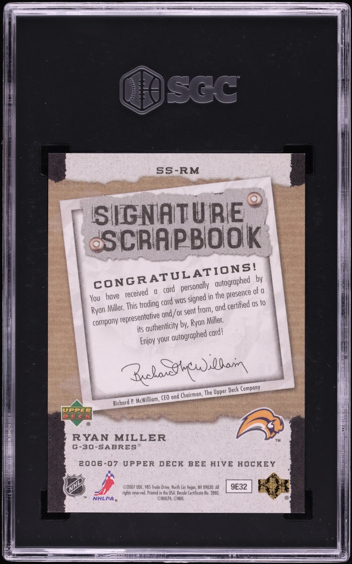 2006 Upper Deck Bee Hive Scrapbook Ryan Miller AUTO #SS-RM SGC 9.5 MINT+
