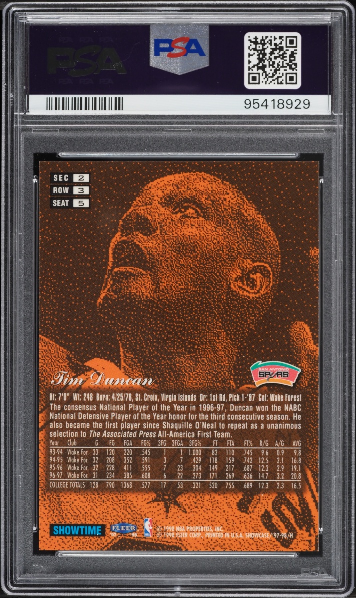 1997 Flair Showcase Row 3 Tim Duncan ROOKIE #5 PSA 9 MINT