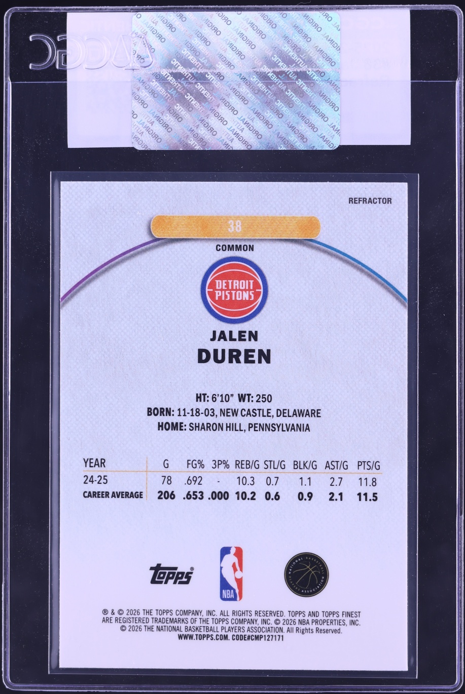 2025 Finest Refractor Jalen Duren #38 CGC AUTH