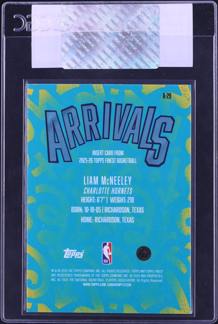 2025 Finest Arrivals Liam McNeeley ROOKIE #A-29 CGC AUTH