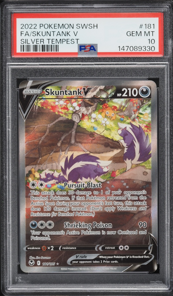 2022 Pokemon Sword & Shield Silver Tempest Full Art Skuntank V #181 PSA 10 GEM MINT