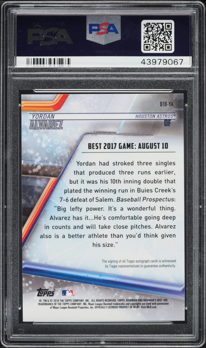 2018 Bowman's Best Of '18 Yordan Alvarez AUTO #B18-YA PSA 10 GEM MINT