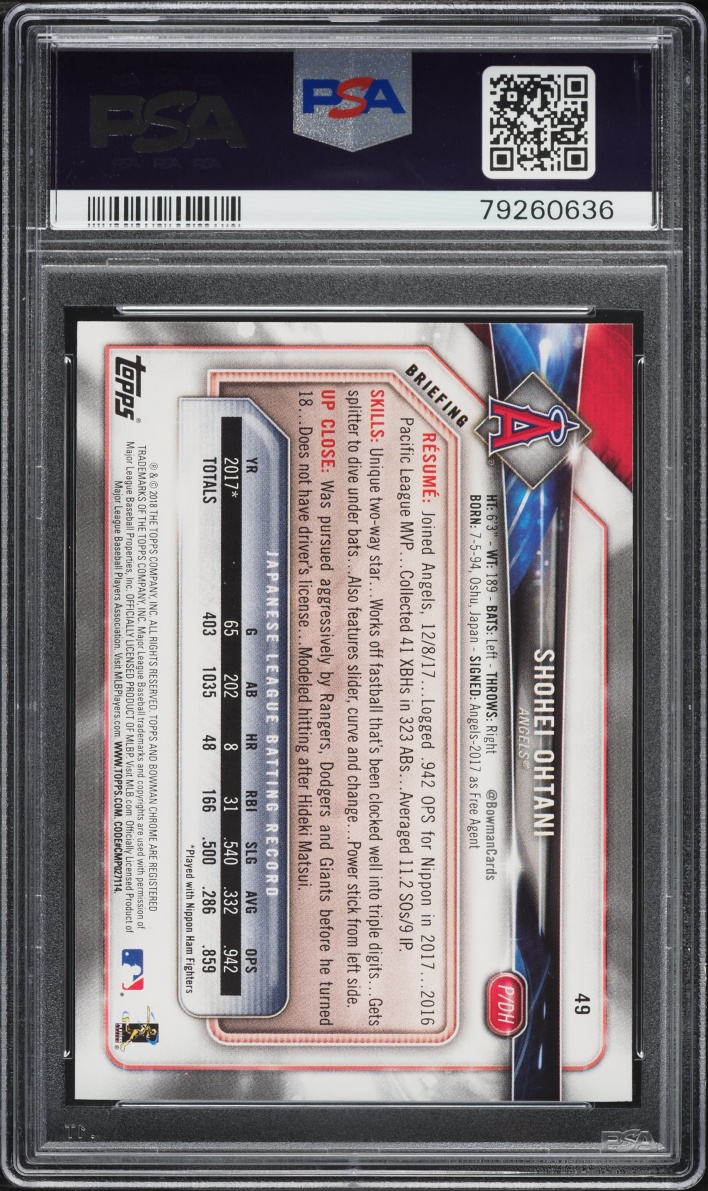 2018 Bowman Shohei Ohtani ROOKIE #49 PSA 9 MINT