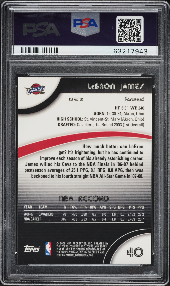 2007 Finest Refractor LeBron James #40 PSA 10 GEM MINT