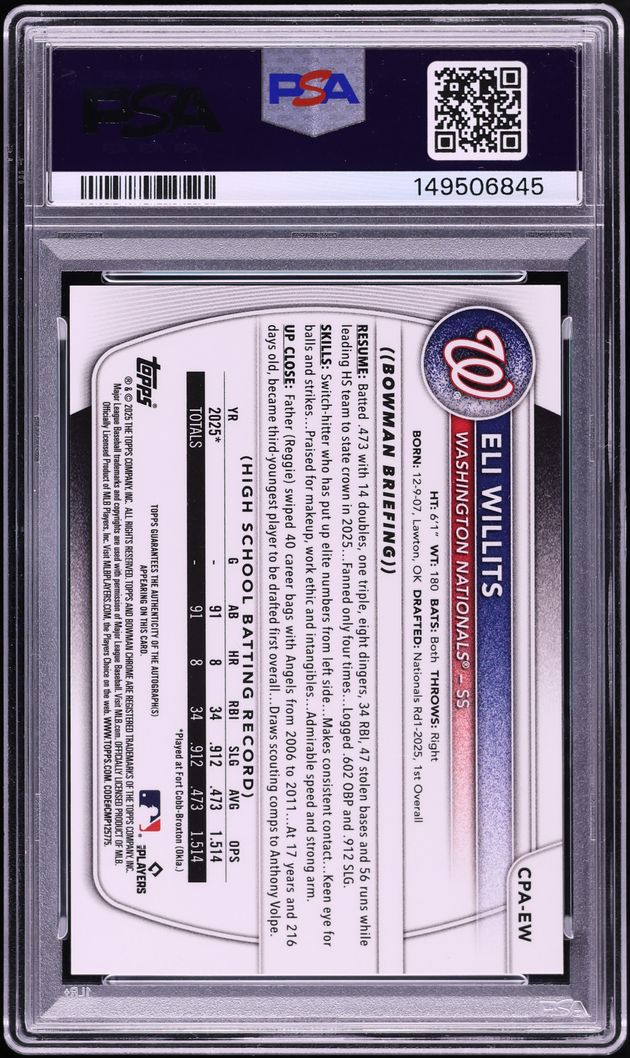 2025 Bowman Chrome Draft Gold Shimmer Eli Willits PROSPECT AUTO /50 #CPA-EW PSA 10 GEM MINT