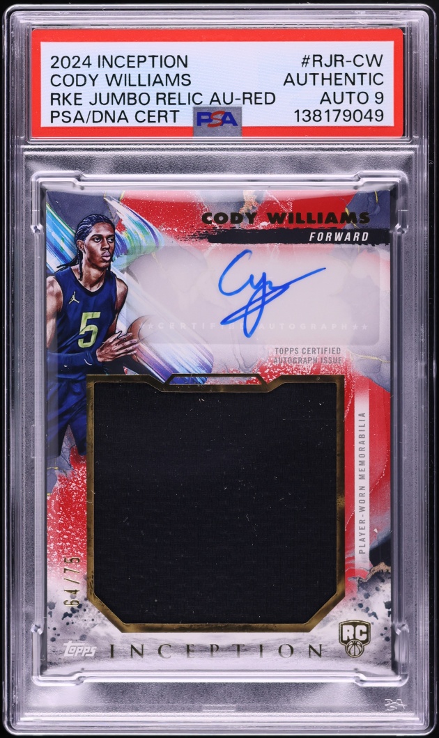 2024 Topps Inception Jumbo Red Cody Williams ROOKIE PATCH AUTO DNA 9 /75 #RJR-CW PSA AUTH