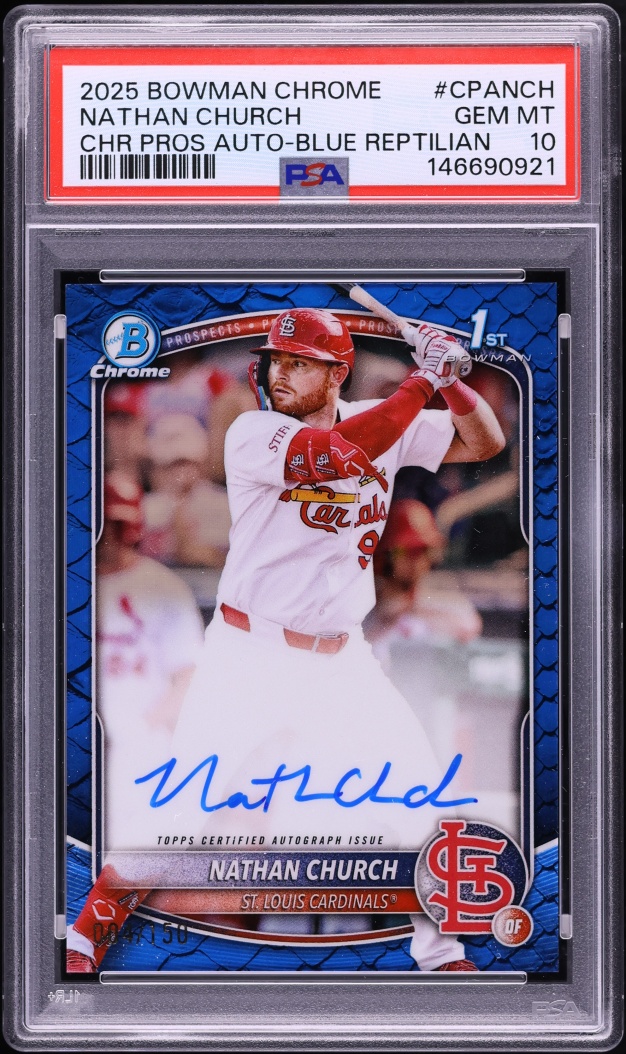 2025 Bowman Chrome Blue Reptilian Nathan Church PROSPECT AUTO /150 #CPANCH PSA 10 GEM MINT