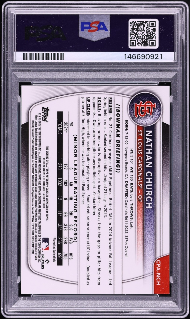 2025 Bowman Chrome Blue Reptilian Nathan Church PROSPECT AUTO /150 #CPANCH PSA 10 GEM MINT