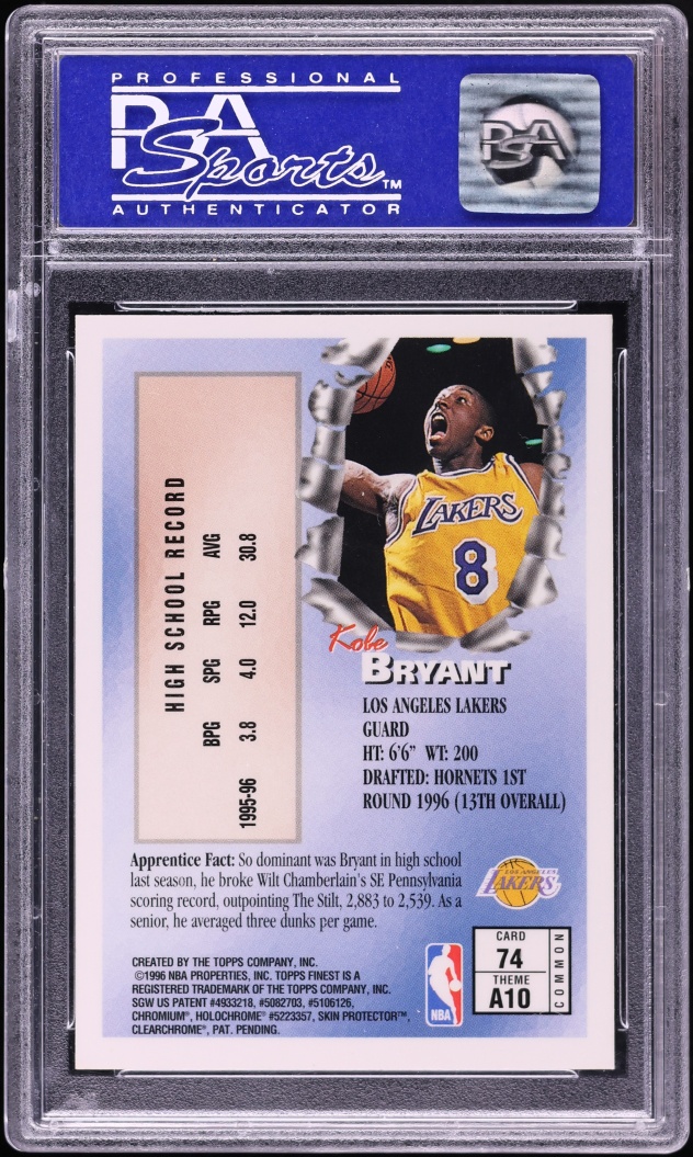 1996 Finest Basketball w/ Coating Kobe Bryant ROOKIE #74 PSA 10 GEM MINT