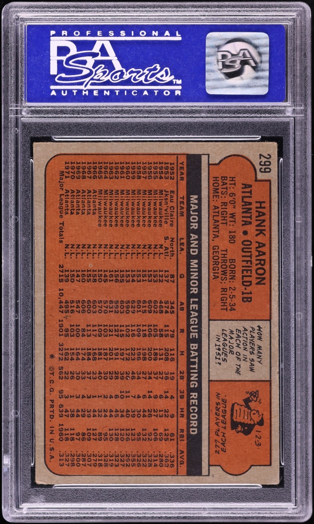 1972 Topps Hank Aaron #299 PSA 3 VG