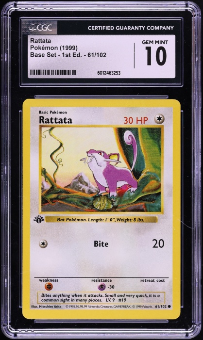 1999 Pokemon Base Set Shadowless 1st Edition Rattata #61 CGC 10 GEM MINT