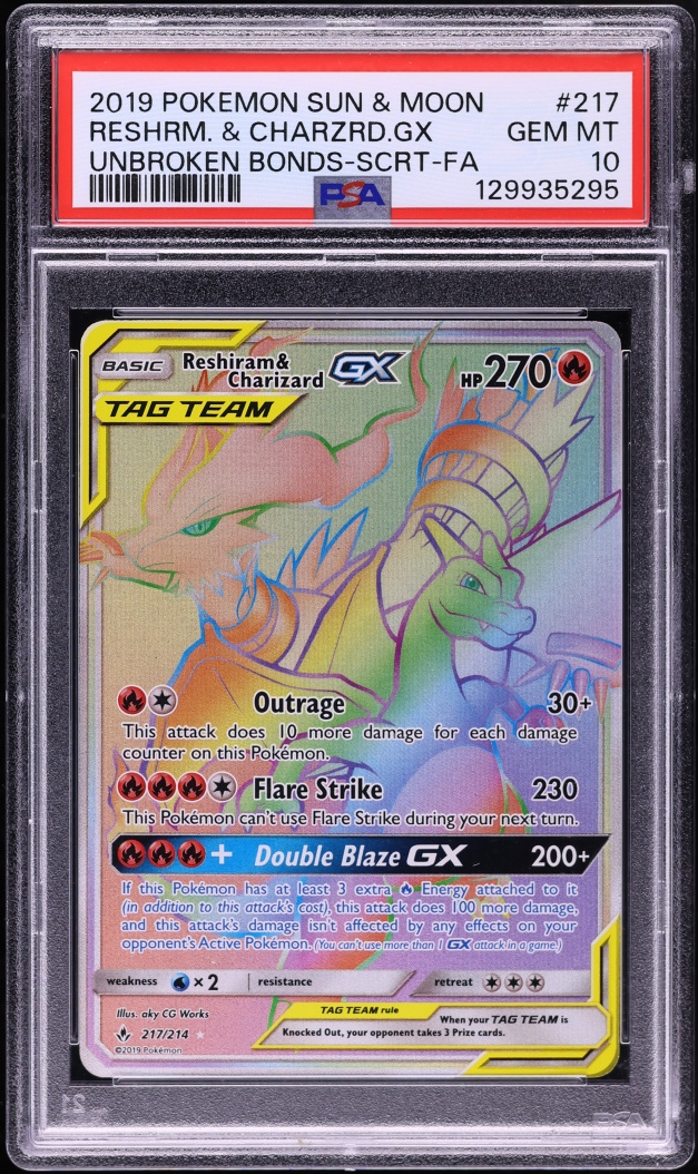 2019 Pokemon Sun & Moon Unbroken Bonds Rainbow Rare Reshiram Charizard GX #217 PSA 10 GEM MINT