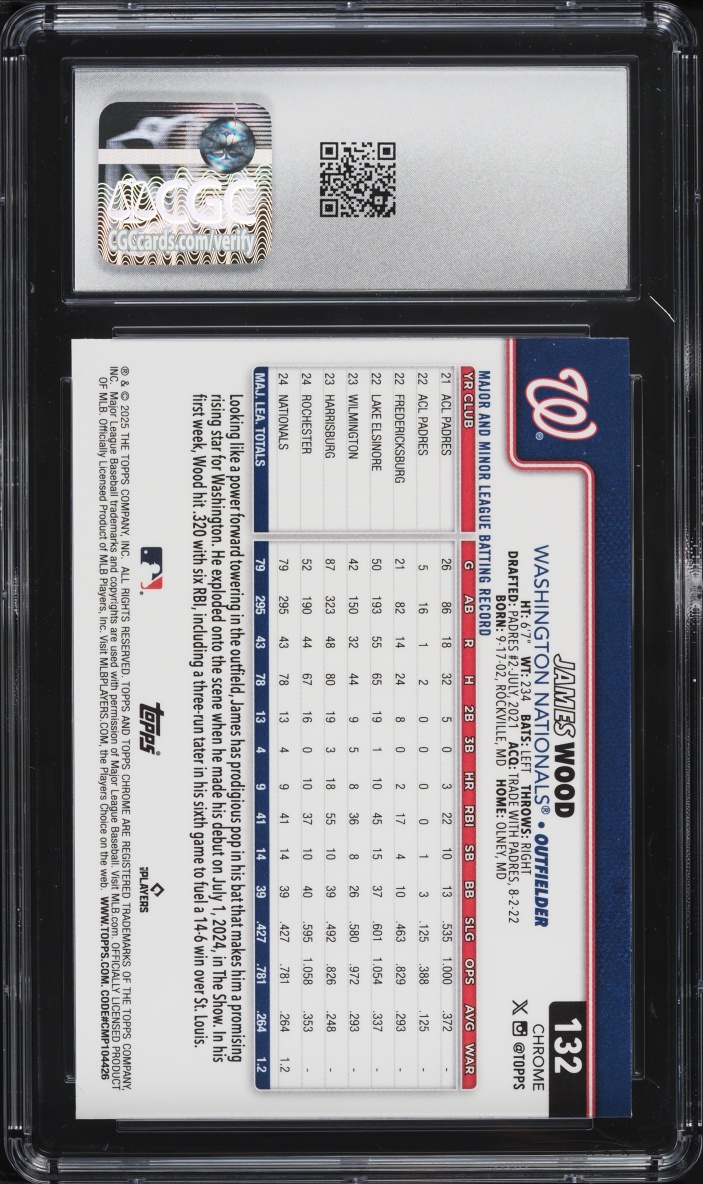 2025 Topps Chrome James Wood ROOKIE #132 CGC 10 GEM MINT