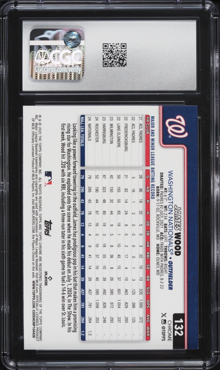 2025 Topps Chrome James Wood ROOKIE #132 CGC 10 GEM MINT