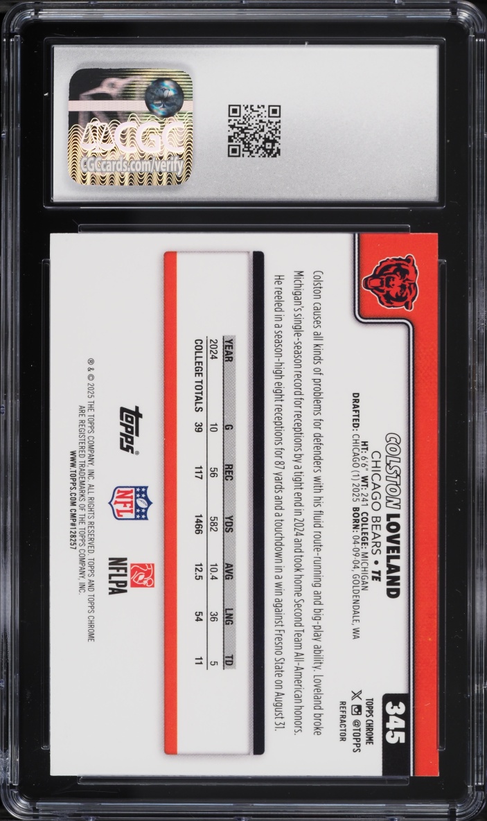 2025 Topps Chrome Refractor Colston Loveland ROOKIE #345 CGC 9 MINT