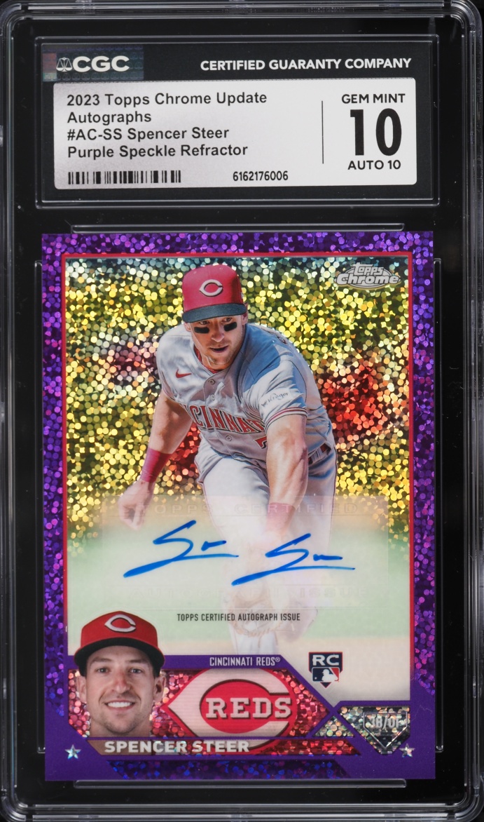 2023 Topps Chrome Update Purple Speckle Refractor Spencer Steer ROOKIE AUTO /299 #AC-SS CGC 10