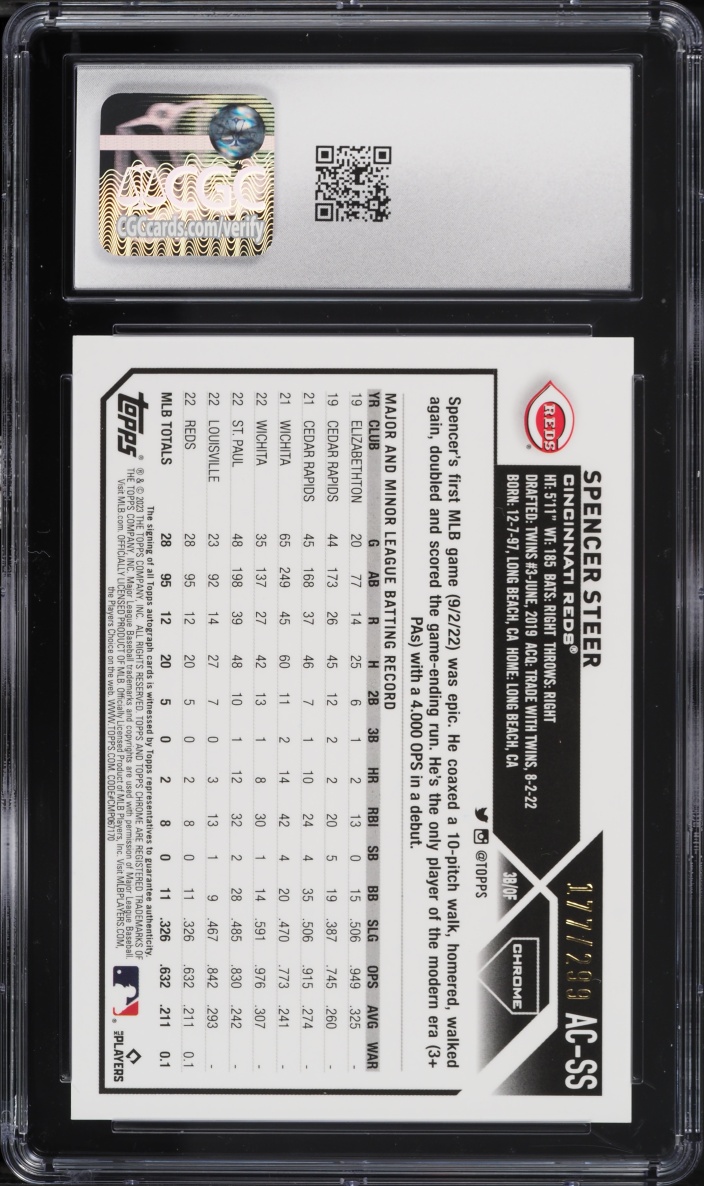 2023 Topps Chrome Update Purple Speckle Refractor Spencer Steer ROOKIE AUTO /299 #AC-SS CGC 10